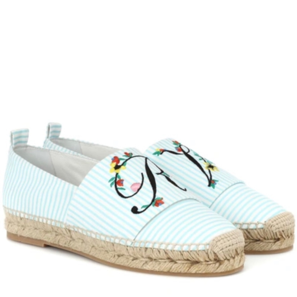 ROGER VIVIER Blooming Rv Embroidered Striped Canvas Espadrilles Blue Size 7